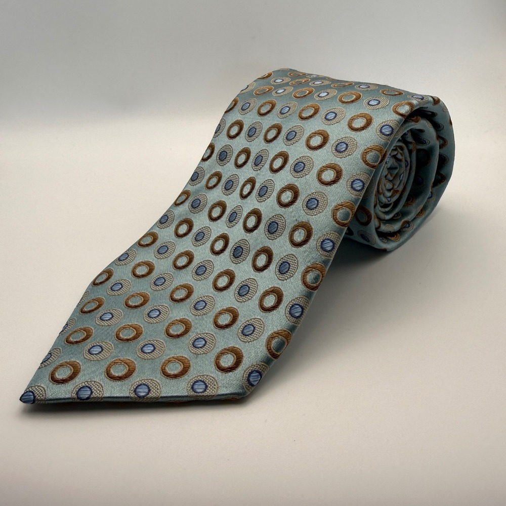 Ermenegildo Zegna VTG Silk Tie Light Blue Brown Geometric Circles Made in Italy